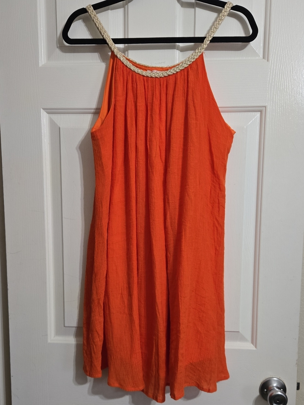 Pinky Orange Dress with Cream Braided Neckline